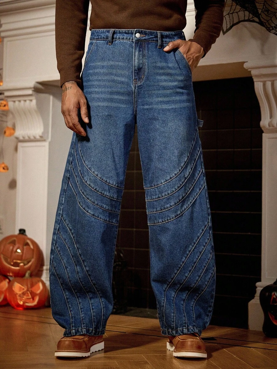 Manfinity Homme Quần jeans ống rộng dáng rộng màu xanh đậm dành cho nam - Rửa trung bình - Xem 1