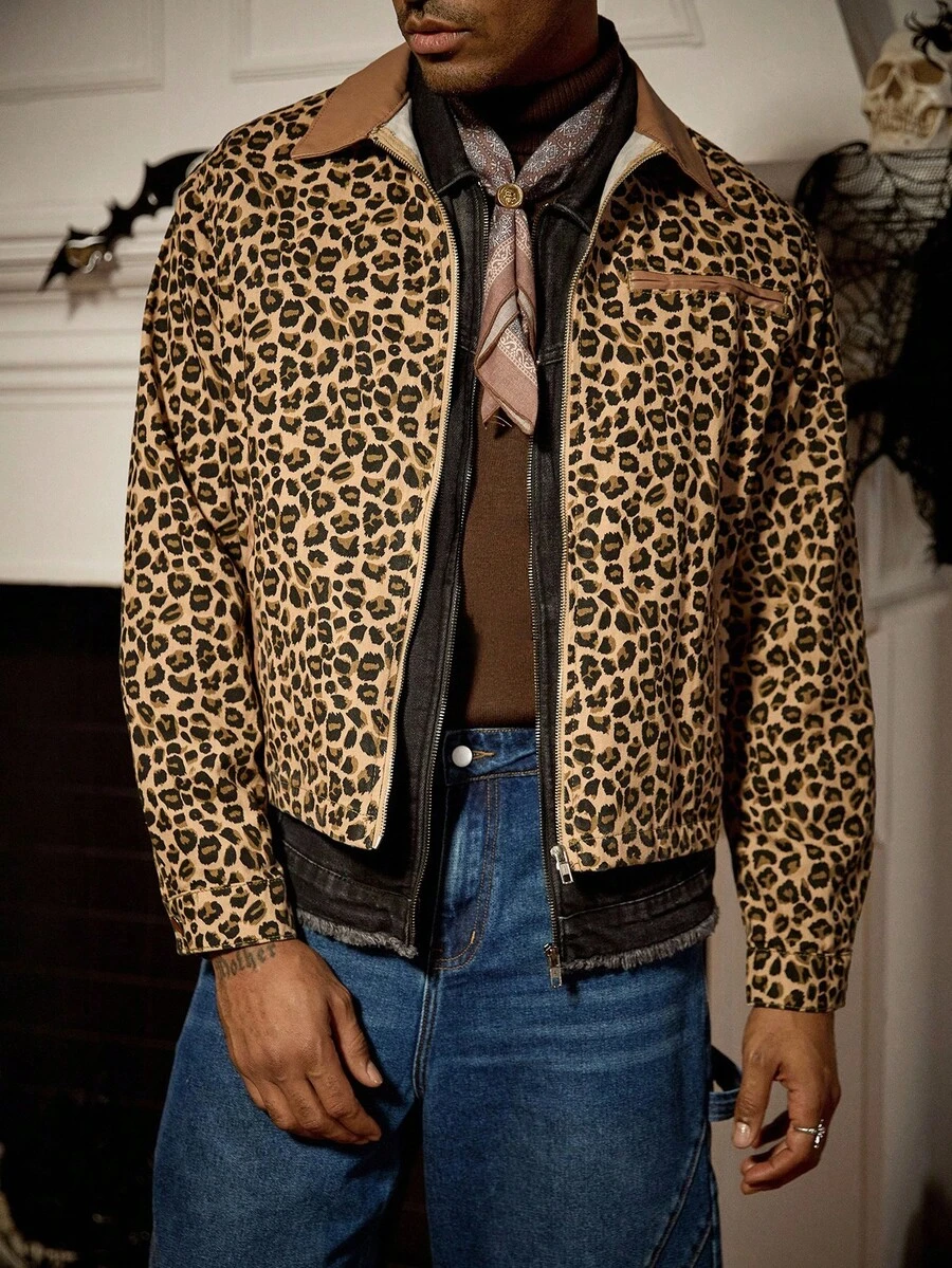 RivetRise Áo khoác denim ngắn cổ điển họa tiết da báo vá cổ điển phong cách cổ điển dành cho nam, ngày lễ Halloween, ngày lễ các thánh, phong cách Punk cổ điển, giặt sạch, dành cho mùa thu - Nhiều màu - Xem 1