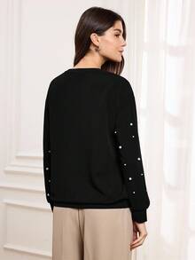 Miaspire Drop Shoulder Faux Pearls Beaded Pullover,Long Sleeve Tops - Black - View 2