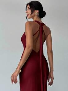 Firerie Elegant Daily Fashion New Vacation Date Sexy Graceful Banquet Party Glamorous Charming Wine Red Halter Deep V Backless Flowy Waist Mermaid Wine Red Long Dress, Graduation Season, Back To School Season, Party Dress, Afternoon Tea Dress, Sun Dresses ,Wedding Guest Dress Women - Burgundy - View 2
