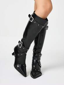 ROMWE Grunge Punk 2025春秋新款女士尖头铆钉扣带高筒靴，真皮高跟及膝靴 - 黑色 - 查看 1