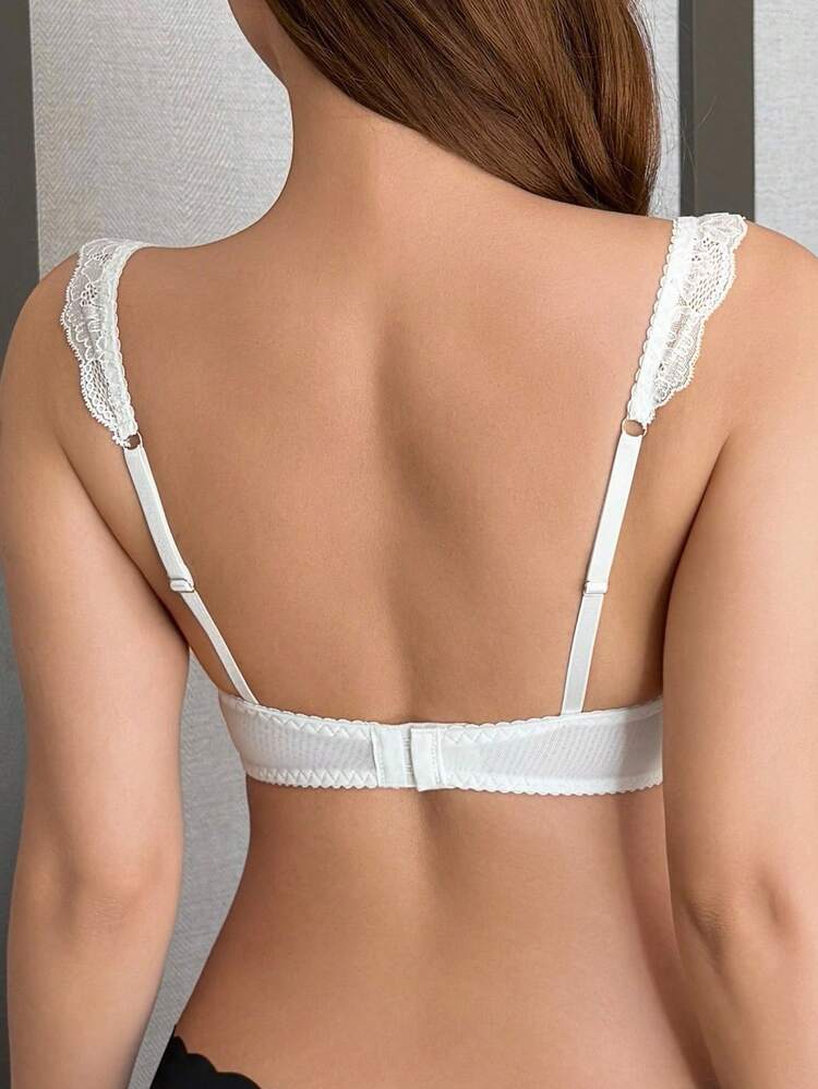 White Lace Patchwork Bow Adjustable Strap Lightly Padded Bra For Women Lingerie For Women