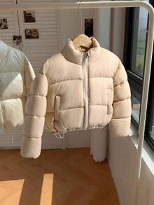 女童休闲韩版短款羽绒服，适合秋冬季节穿着。 - 杏色 - 查看 4