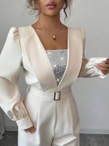 Selianne Bộ đồ liền thân chắp vá sequin thanh lịch dành cho nữ, thắt eo, mùa thu - Màu be - Xem 4