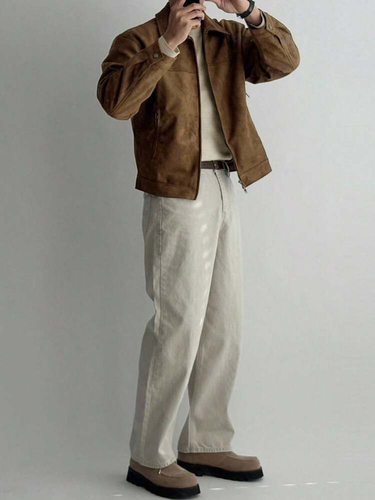 Men's Solid Brown Suede Faux Fur Jacket, Autumn