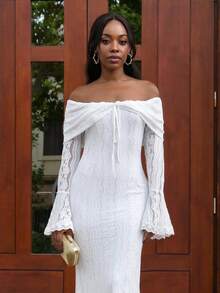 Yess Loren Women's Elegant Off Shoulder White Lace Long Sleeve Maxi Mermaid Dress, Suitable For Wedding, Party, Bridesmaid Dress,White Graduation Dress - White - View 4