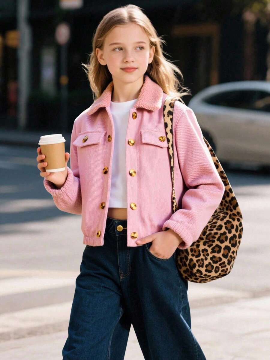 Tween Girl Solid Color Front Button Casual Long Sleeve Jacket Fall Winter - Pink - View 1