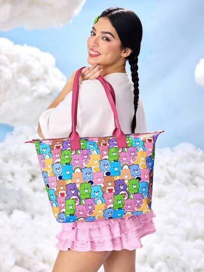 SHEIN X Care Bears 1 pieza Bolso de tela grande con estampado de dibujos animados lindos, adecuado para estudiantes, mujeres, ir al trabajo, viajes, actividades al aire libre