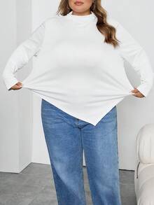 SHEIN CURVE+ Áo thun tay dài màu đen trắng cổ bẻ viền bất đối xứng 2 chiếc/bộ - Đen và trắng - Xem 6