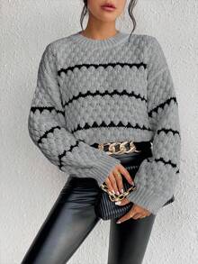 EMERY ROSE Women's Casual Everyday Commute Colorblock Striped Pattern Dropped Shoulder Loose Popcorn Knit Pullover Sweater, Autumn/Winter - Grey - View 4
