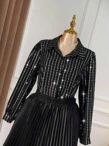 SHEIN Clasi Women's Black Long Sleeve Rhinestone Embellished Shirt - Black - View 6