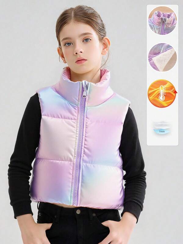 SHEIN Tween Girls' Casual All-Match Versatile Colorful Ombre Metallic Coated Fabric Stand Collar Autumn/Winter Warm Short Padded Vest Fall