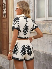 Brillora 夏季出游度假约会套装，度假民族风定位花衬衫领蝴蝶结系带衬衫裤女两件套，女士夏季度假连衣裙，夏季沙滩度假连衣裙，返校连衣裙，极简连衣裙，办公室连衣裙，老款连衣裙，教师连衣裙，约会连衣裙，波美丝风格套装，外出参加闺蜜下午茶逛街休闲套装 - 彩色 - 查看 2