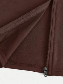 SHEIN Girlism 青少年女孩休闲弹力半拉链 V 领紧身长袖 T 恤，秋冬基本款外套 - 棕色 - 查看 7