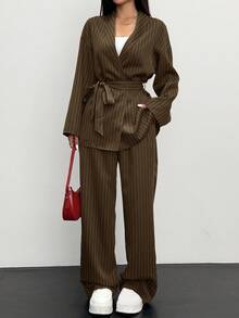 Siren Gaze Bộ đồ Kimono kẻ sọc thanh lịch thường ngày cho nữ, Áo khoác Blazer hai mảnh thời trang công sở đi làm, trang phục thu đông cho nữ - màu nâu - Xem 5