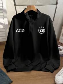 Daypath Men Fashionable Casual Young Casual Letter Slogan Graphic Print Oversized Loose Dropped Shoulder Half-Zip Sweatshirt, Black - Black - View 1