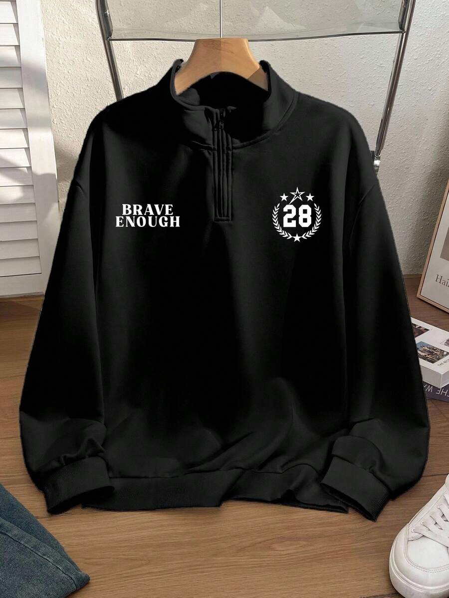 Daypath Men Fashionable Casual Young Casual Letter Slogan Graphic Print Oversized Loose Dropped Shoulder Half-Zip Sweatshirt, Black - Black - View 1