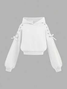 SHEIN Girlism 少女万圣节时尚街头风猫耳卫衣长袖抽绳休闲套头衫，蝴蝶结猫耳卫衣白色卫衣可爱卫衣秋冬款 - 白色 - 查看 5