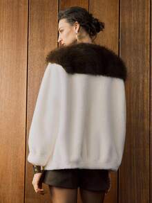Revavyn 女式毛茸茸大翻领撞色金属扣装饰优雅约会短款人造毛皮大衣女式冬装奢华衬衫女式奢华服装女式秋装女式秋装冬装女式冬装女式冬装女式冬季外套 - 白色 - 查看 6