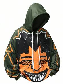 Chillumni 男士街头风连帽卫衣，宽松短款连帽衫，饰有超大撞色卡通脸图案，街头服饰，适合休闲、度假、情侣装、送给男友/老公的礼物、万圣节装扮、秋季穿着 - 綠色 - 查看 1