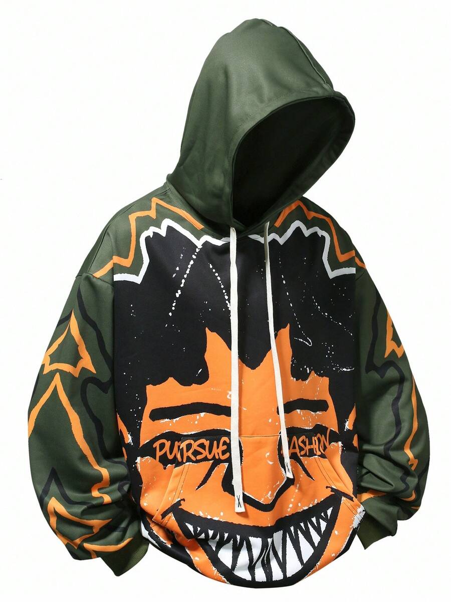 Chillumni 男士街头风连帽卫衣，宽松短款连帽衫，饰有超大撞色卡通脸图案，街头服饰，适合休闲、度假、情侣装、送给男友/老公的礼物、万圣节装扮、秋季穿着 - 綠色 - 查看 1