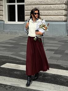 Ontre Chân váy xếp ly chữ A cơ bản màu trơn mới năm 2026 dành cho nữ, thời trang, thanh lịch, thoải mái, phù hợp cho đi làm, văn phòng, dự đám cưới, kỳ nghỉ biển, lễ hội âm nhạc, ngày lễ tình nhân, ngày nghỉ lễ, tiệc cưới, họp mặt. - Màu Đỏ Sâu - Xem 8