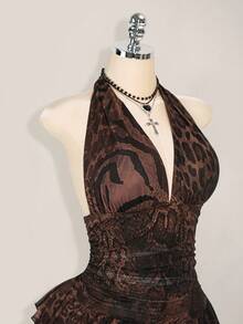 SHEIN ICON 大码豹纹露背褶皱腰身多层薄纱连衣裙 - 棕色 - 查看 5