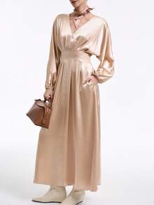 Aalyst Elegant Dining Satin Long Dress,Champagne Gold V-Neck Raglan Sleeve Pleated High-End Minimalist Autumn Winter Dress With Pockets - Apricot - View 5