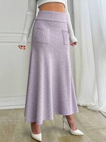 Elenzga Chân váy bút chì túi cạp cao thanh lịch, màu xám tím, thu/đông - Bụi tím - Xem 3