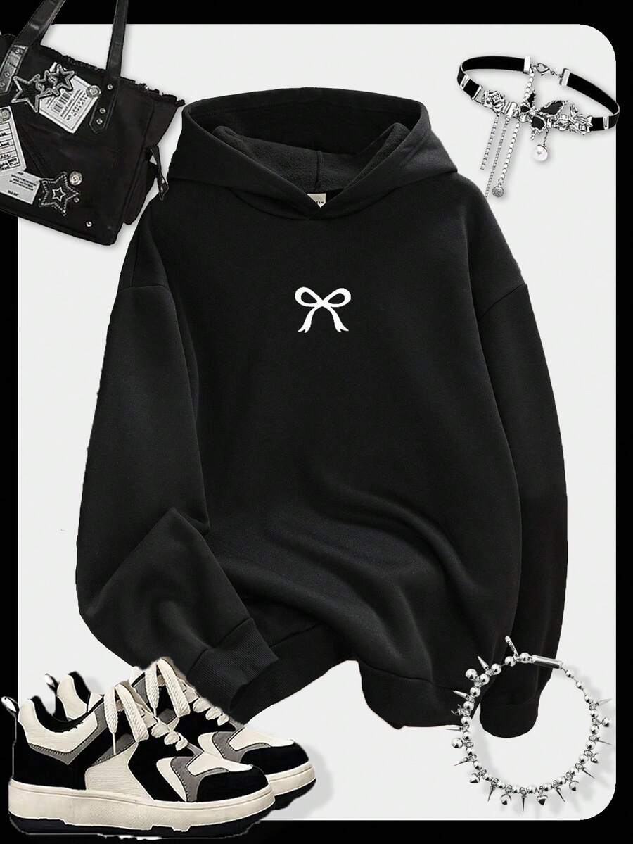 SHEIN 青少年女孩休闲别致蝴蝶结装饰连帽衫，舒适运动衫，适合秋冬季 - 黑色 - 查看 1