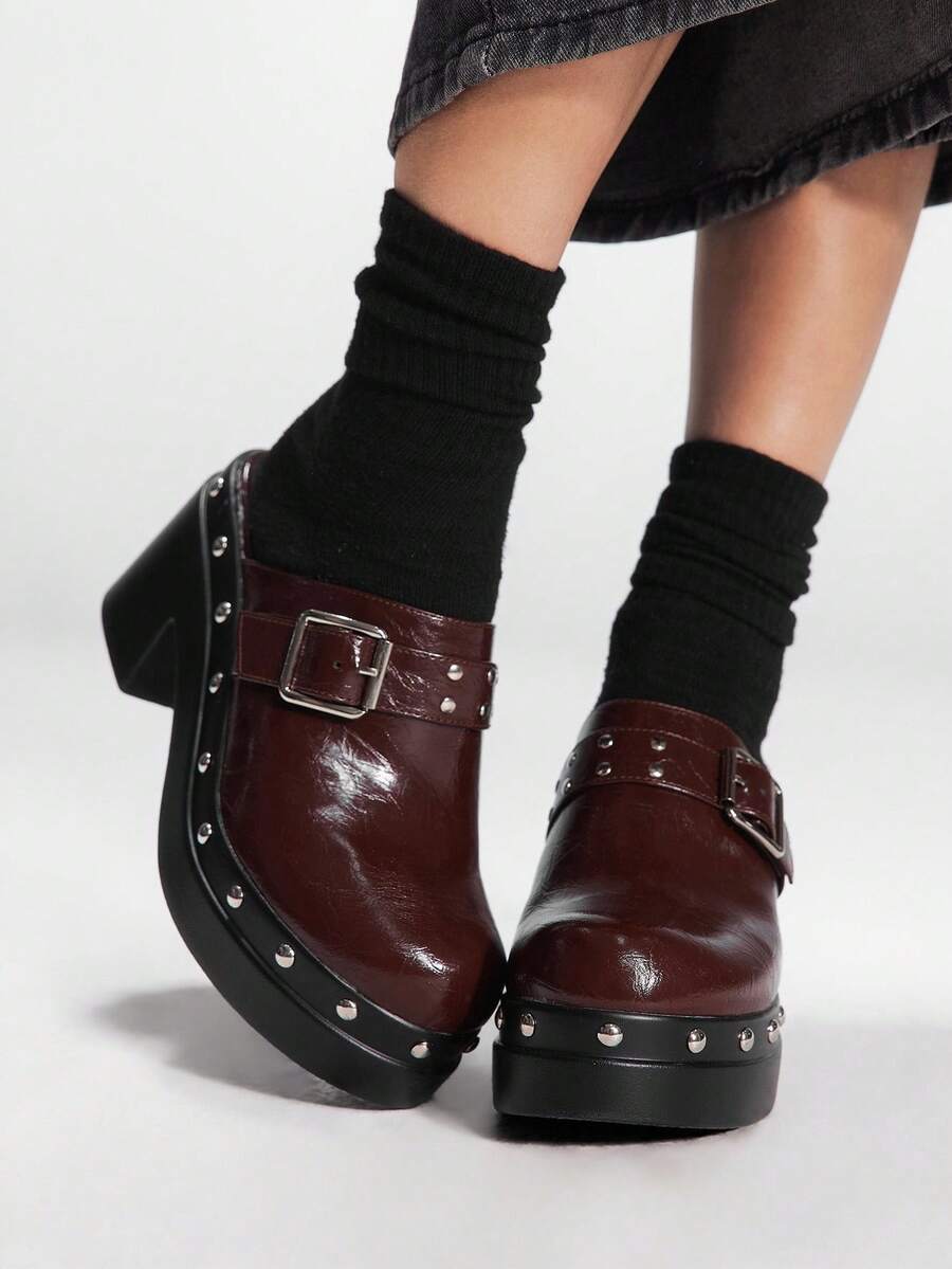 Sugerpunk 2026春秋英伦风女式厚底高跟包头套脚鞋 - 巧克力棕 - 查看 1