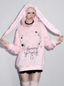 ROMWE Avant 女士和女孩可爱兔耳蕾丝蝴蝶结标点刺绣装饰宽松运动衫 - 粉色 - 查看 7