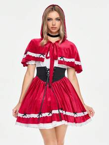 ROMWE Avant Damen Cosplay Rotkäppchen Umhang, Spitzen-Patchwork Kontrast-Farbig Off-Shoulder Ballonkleid 2-teiliges Set - Bordeaux - Übersicht 5