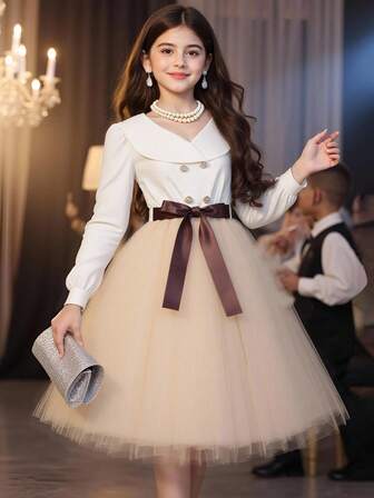 女童复古优雅派对休闲连衣裙，西装领，网眼拼接，含腰带，适合春秋季节