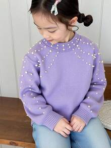 Young Girl Solid Color Beaded Stand Collar Fitted Casual Sweater,In Fall/Winter - Purple - View 7
