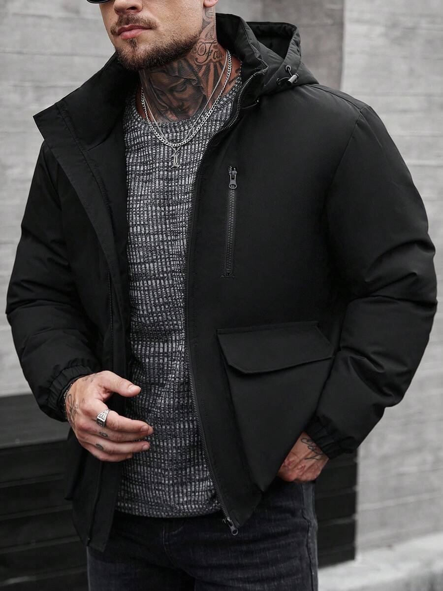 Manfinity CasualCool Men's Padded Coat With Detachable Hood, Lined With Padding, Fall/Winter - Black - View 1