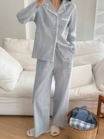 DAZY 2件套女士条纹蕾丝边休闲长袖上衣和裤子睡衣套装，秋冬服装