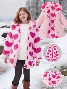 SHEIN 少女心形图案双面连帽休闲夹克，秋冬 - 玫紅色 - 查看 1