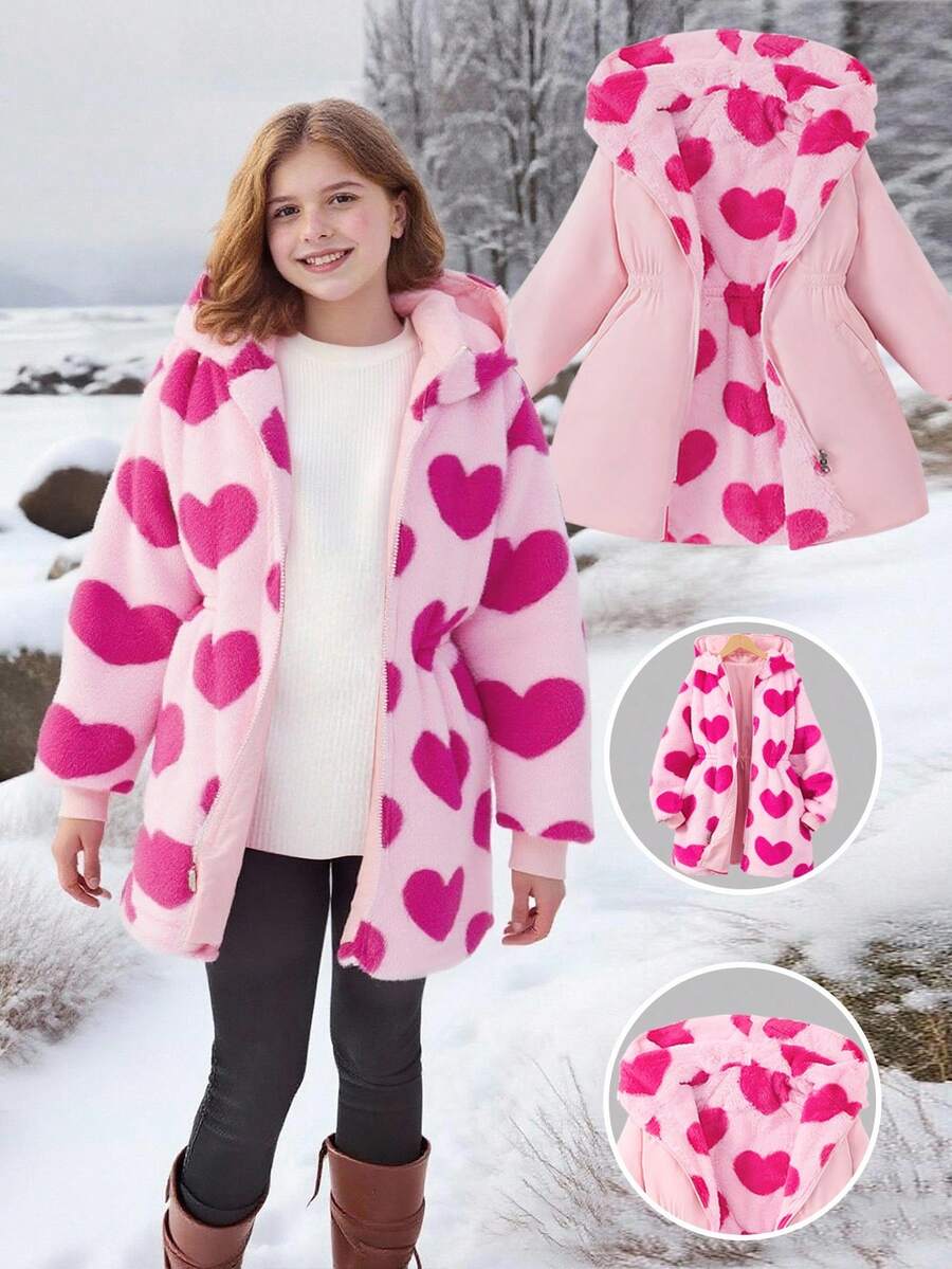 SHEIN 少女心形图案双面连帽休闲夹克，秋冬 - 玫紅色 - 查看 1