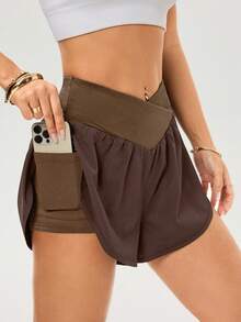 Core Rhythm Casual Versatile Asymmetrical Yoga Shorts Athletic Shorts Loose Workout Shorts Brown Workout Shorts - Brown - View 5