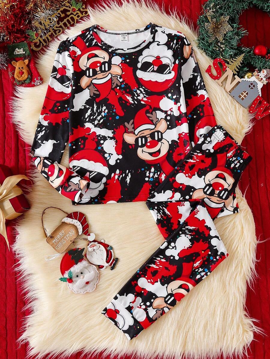 2pcs Kids Christmas Graffiti Print Long Sleeve Pajama Set, Snug Fit Sleepwear For Parties, Holidays, Home Wear Fall Winter - Multicolor - View 1