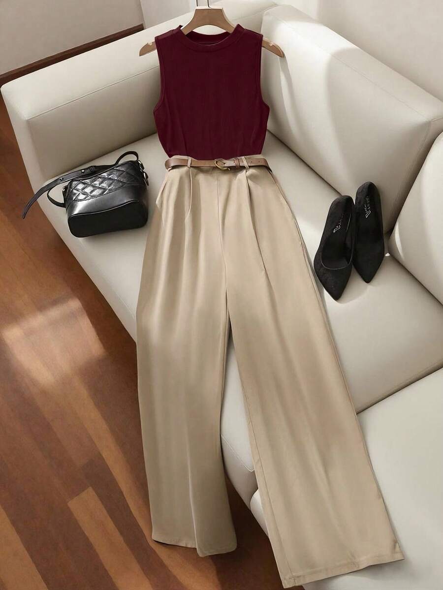 Franclia Fashionable & Versatile Coffee Brown Sleeveless Mock Neck Knit Elastic Fitted Tank Top With Pocket & Belt Decor, Paired With Brown Vertical Striped Wide Leg Pants, 2 Pieces Business Casual Women Outfit, Spring/Summer