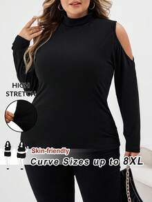 SHEIN CURVE+ Casual Simple Slim Cold Shoulder Plus Size Turtleneck T-Shirt, Autumn/Winter - Black - View 6