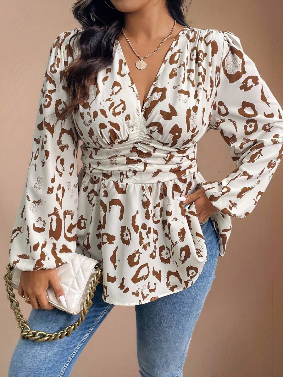 Juhart Áo sơ mi peplum tay dài cổ chữ V in họa tiết toàn thân cỡ lớn - Màu be - Xem 1