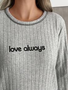 EURMUSE Women Rib Knit With Contrast Colour Stitch Detail Lettered Homewear Lounge Set For Ladies - Grey - View 5