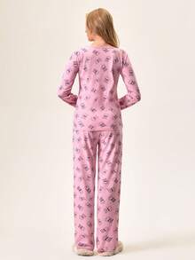 Loomlin Women Cotton 2pcs Cute Bear Pattern Comfort Pajama Set - Pink - View 2