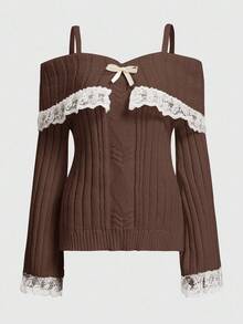 ROMWE Kawaii 女士时尚休闲蕾丝边吊带背心毛衣 - 棕色 - 查看 6