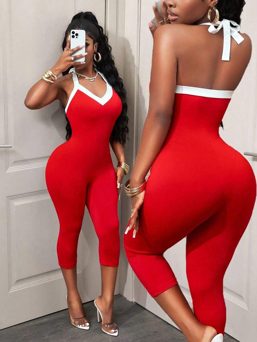 SHEIN PETITE Contrast Trim Halter Backless Sleeveless Bodysuit - Red - View 1