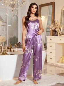LuxeNights 女士花卉印花吊带背心和裤子睡衣套装 - 紫色 - 查看 5
