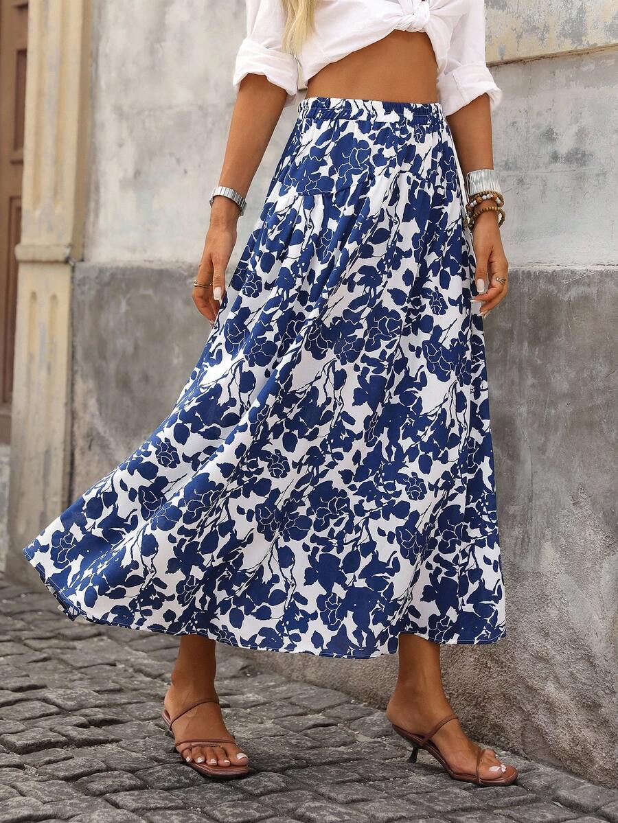 Brillora Falda de verano con estampado floral y dobladillo con volantes - Azul y blanco - Ver 1